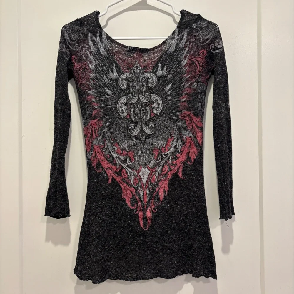 In Vein Gothic Fleur De Lis Rhinestone Knit Tunic Top Charcoal Grey Y2K McBling - Picture 3 of 6
